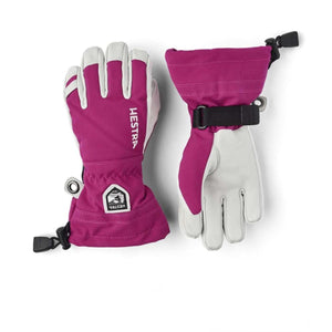 Hestra purple and white leather ski gloves with adjustable wrist straps