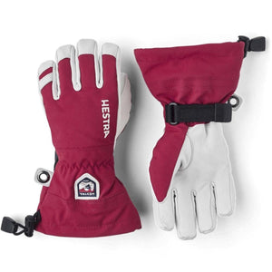 Hestra burgundy and grey leather ski gloves with adjustable wrist straps and logo patch