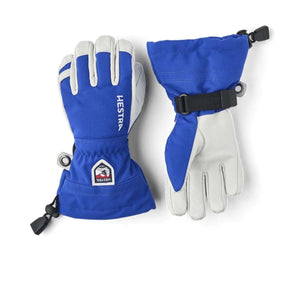 Hestra blue and grey insulated ski gloves with adjustable wrist straps