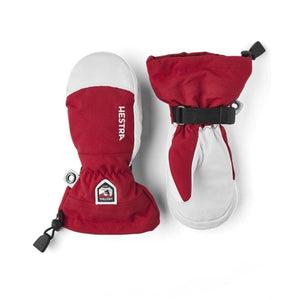 Hestra red and white insulated mittens with adjustable wrist straps