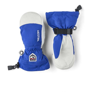 Hestra blue and white leather ski mittens with adjustable wrist straps