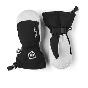 Hestra black and white winter mittens with adjustable wrist straps