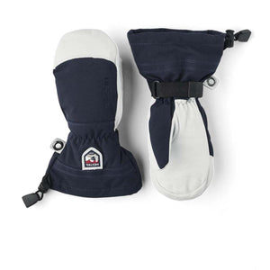 Hestra navy and white insulated mittens with adjustable wrist straps