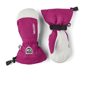 Hestra magenta and white winter mittens with adjustable wrist straps