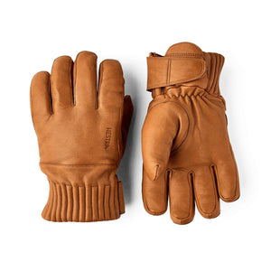 Hestra tan leather gloves with ribbed cuffs and velcro wrist straps