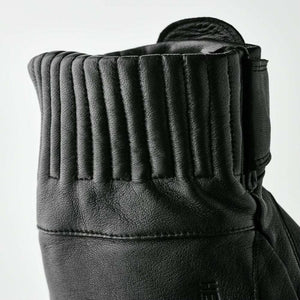 Close up of black Hestra leather glove cuff with ribbed detailing