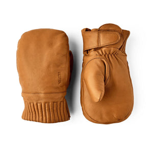 Hestra tan leather mittens with ribbed cuffs and velcro strap