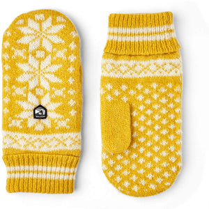 Hestra yellow and white patterned wool mittens with ribbed cuffs
