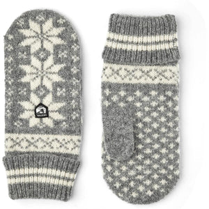 Hestra grey and white patterned wool mittens