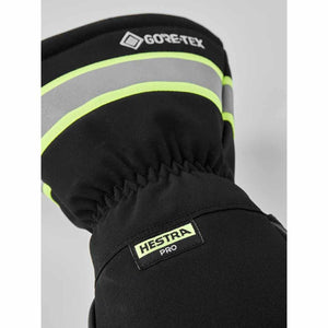 Hestra Pro black glove cuff with Gore-Tex logo and neon yellow reflective stripes