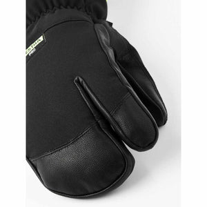 Black Hestra three finger ski glove with leather palm and Hestra Pro logo tag