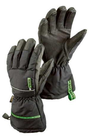 Hestra black insulated work gloves with green branding