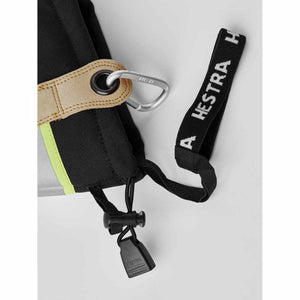 Hestra glove cuff with carabiner and branded wrist strap