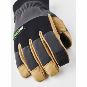 Hestra work glove with tan leather fingertips and black and grey fabric back
