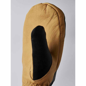 Hestra tan leather mitten with black thumb detail