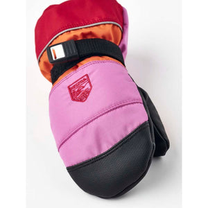 Hestra multi-colored winter mitten with black palm and wrist strap