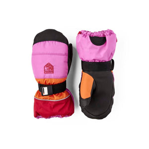 Hestra pink orange and red children winter mittens with black palms and wrist straps