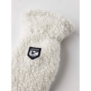 Off white Hestra teddy fleece mitten with brand logo patch