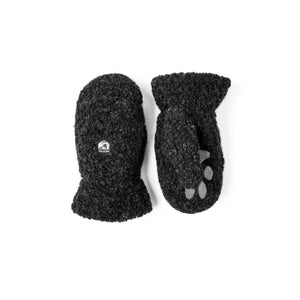 Hestra black wool mittens with grey paw print detail on the palm