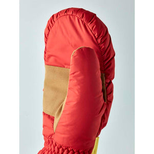 Hestra red insulated mitten with tan suede palm patch