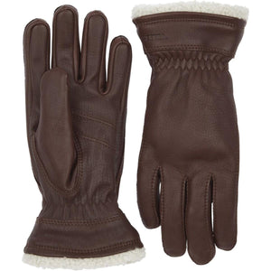 Hestra brown leather gloves with white fleece lining