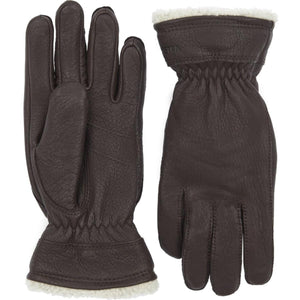Hestra brown leather gloves with white fleece lining