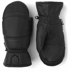 Pair of black Hestra leather mittens with elasticated wrists