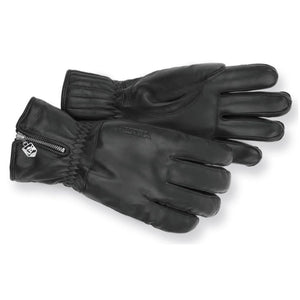 Black Hestra leather gloves with side zipper closure