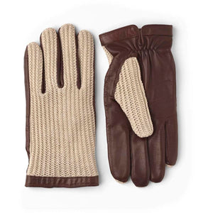 Hestra brown leather and beige crochet knit gloves