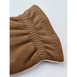 Close up of brown suede Hestra glove cuff with elastic detail
