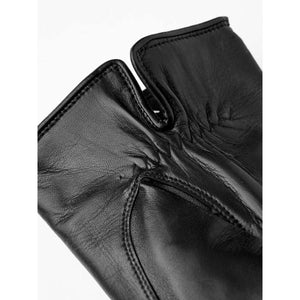 Close up of black Hestra leather glove cuff with stitched detailing