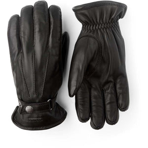 Hestra black leather gloves with wrist strap and button detail