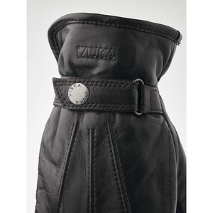 Hestra black leather glove with wrist strap and metal button detail