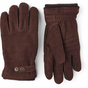 Pair of brown suede gloves with ribbed knit cuffs and a snap button strap