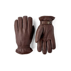 Hestra brown leather gloves with wrist strap and button detail