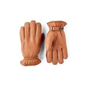 Hestra tan leather gloves with wrist strap and elastic cuff