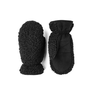 Hestra black fleece mittens showing textured outer and smooth palm side