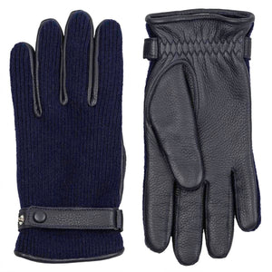 Hestra navy blue knit and leather gloves