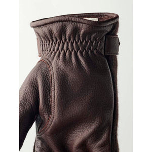 Hestra brown leather glove cuff with gathered detail