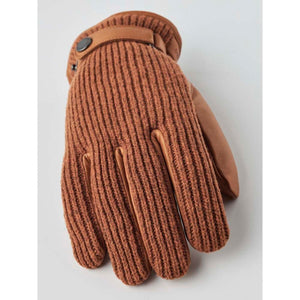 Hestra brown ribbed knit glove with leather palm and wrist strap
