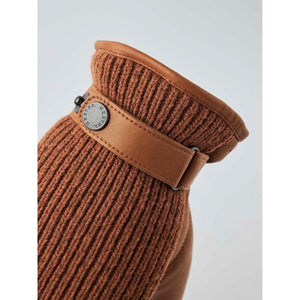 Hestra brown leather and ribbed knit glove cuff with branded button detail