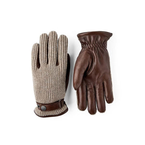 Hestra brown leather and beige knit gloves