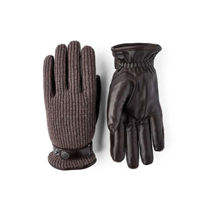 Hestra brown leather and ribbed knit gloves