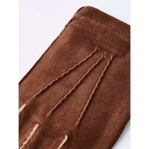Brown suede Hestra glove with decorative stitching on the back
