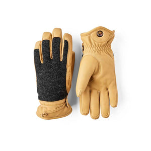 Hestra tan leather and grey wool gloves
