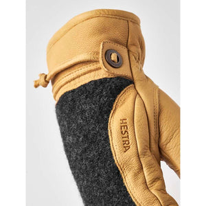 Hestra tan leather and grey wool mitten with button detail
