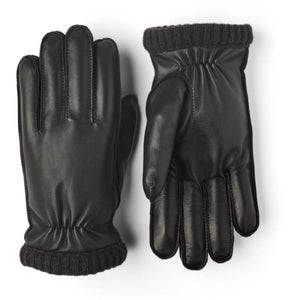 Hestra black leather gloves with ribbed knit cuffs