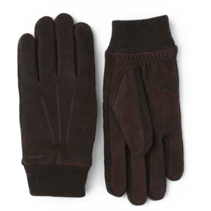 Hestra dark brown suede gloves with ribbed knit cuffs