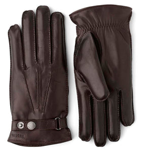 Hestra dark brown leather gloves with wrist strap and snap button closure