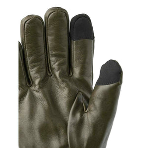 Hestra olive green leather glove with black touchscreen compatible fingertips